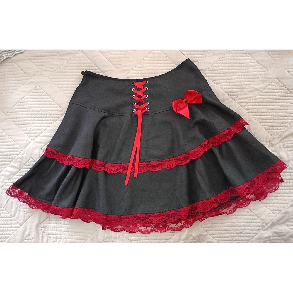 Black Mini Skirt with Red Lace Trim and Bow